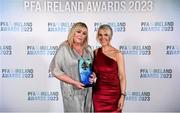 2 December 2023; Pamela Plunkett is presented with the PFA Ireland Women's Young Player of the Year award by PFA Ireland's Simone Flannery, on behalf of her daughter Jess Fitzgerald, during the PFA Ireland Awards 2023 at Anantara The Marker Dublin Hotel in Dublin. Photo by Stephen McCarthy/Sportsfile