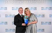 2 December 2023; Pamela Plunkett and Ken McDermott accept the PFA Ireland Women's Young Player of the Year award on behalf of Peamount United's Jess Fitzgerald during the PFA Ireland Awards 2023 at Anantara The Marker Dublin Hotel in Dublin. Photo by Stephen McCarthy/Sportsfile