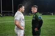 2 December 2023; Cian Healy of Leinster speaks to David Hawkshaw of Connacht after the United Rugby Championship match between Connacht and Leinster at the Sportsground in Galway. Photo by Harry Murphy/Sportsfile