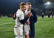 2 December 2023; Ciarán Frawley and Jamie Osborne of Leinster after their side's victory in the United Rugby Championship match between Connacht and Leinster at the Sportsground in Galway. Photo by Harry Murphy/Sportsfile