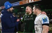 2 December 2023; Finlay Bealham of Connacht speaks with Leinster players Jack Conan and Cian Healy after the United Rugby Championship match between Connacht and Leinster at the Sportsground in Galway. Photo by Harry Murphy/Sportsfile