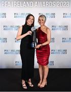 2 December 2023; Sadhbh Doyle of Peamount United is presented with the PFA Ireland Women’s Player of the Year award by PFA Ireland's Simone Flannery during the PFA Ireland Awards 2023 at Anantara The Marker Dublin Hotel in Dublin. Photo by Stephen McCarthy/Sportsfile