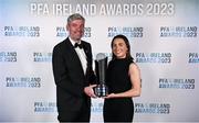 2 December 2023; Sadhbh Doyle of Peamount United is presented with the PFA Ireland Women’s Player of the Year award by PFA Ireland solicitor Stuart Gilhooly during the PFA Ireland Awards 2023 at Anantara The Marker Dublin Hotel in Dublin. Photo by Stephen McCarthy/Sportsfile