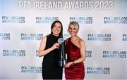 2 December 2023; Sadhbh Doyle of Peamount United is presented with the PFA Ireland Women’s Player of the Year award by PFA Ireland's Simone Flannery during the PFA Ireland Awards 2023 at Anantara The Marker Dublin Hotel in Dublin. Photo by Stephen McCarthy/Sportsfile