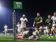 2 December 2023; Rónan Kelleher of Leinster dives over to score his side's third try during the United Rugby Championship match between Connacht and Leinster at the Sportsground in Galway. Photo by Harry Murphy/Sportsfile