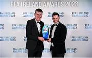 2 December 2023; Shamrock Rovers manager Stephen Bradley, right, is presented with the PFA Ireland Men’s Premier Division Manager of the Year award by former Republic of Ireland manager Stephen Kenny during the PFA Ireland Awards 2023 at Anantara The Marker Dublin Hotel in Dublin. Photo by Stephen McCarthy/Sportsfile