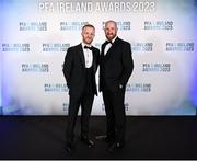 2 December 2023; Cobh Ramblers manager Shane Keegan, right, and Jack Doherty during the PFA Ireland Awards 2023 at Anantara The Marker Dublin Hotel in Dublin. Photo by Stephen McCarthy/Sportsfile