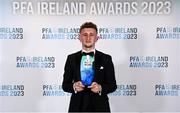 2 December 2023; Sam Curtis of St Patrick's Athletic with the PFA Ireland Men’s Young Player of the Year award during the PFA Ireland Awards 2023 at Anantara The Marker Dublin Hotel in Dublin. Photo by Stephen McCarthy/Sportsfile
