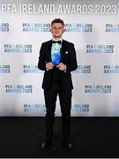 2 December 2023; Sam Curtis of St Patrick's Athletic with the PFA Ireland Men’s Young Player of the Year award during the PFA Ireland Awards 2023 at Anantara The Marker Dublin Hotel in Dublin. Photo by Stephen McCarthy/Sportsfile