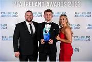 2 December 2023; Winner of the PFA Ireland Men’s Young Player of the Year award Sam Curtis of St Patrick's Athletic, with his parents Darren and Lisa, during the PFA Ireland Awards 2023 at Anantara The Marker Dublin Hotel in Dublin. Photo by Stephen McCarthy/Sportsfile