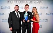 2 December 2023; Winner of the PFA Ireland Men’s Young Player of the Year award Sam Curtis of St Patrick's Athletic, with his parents Darren and Lisa, during the PFA Ireland Awards 2023 at Anantara The Marker Dublin Hotel in Dublin. Photo by Stephen McCarthy/Sportsfile