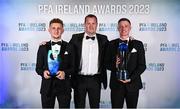 2 December 2023; St Patrick's Athletic manager Jon Daly, centre, with PFA Ireland Men’s Young Player of the Year Sam Curtis, left, and PFA Ireland Men’s Player of the Year winner Chris Forrester during the PFA Ireland Awards 2023 at Anantara The Marker Dublin Hotel in Dublin. Photo by Stephen McCarthy/Sportsfile