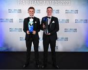 2 December 2023; PFA Ireland Men’s Young Player of the Year Sam Curtis of St Patrick's Athletic, left, and PFA Ireland Men’s Player of the Year winner Chris Forrester of St Patrick's Athletic during the PFA Ireland Awards 2023 at Anantara The Marker Dublin Hotel in Dublin. Photo by Stephen McCarthy/Sportsfile