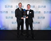 2 December 2023; PFA Ireland Men’s Player of the Year winner Chris Forrester of St Patrick's Athletic, right, with guest of honour John O'Shea during the PFA Ireland Awards 2023 at Anantara The Marker Dublin Hotel in Dublin. Photo by Stephen McCarthy/Sportsfile