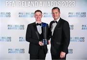 2 December 2023; PFA Ireland Men’s Player of the Year winner Chris Forrester of St Patrick's Athletic, left, St Patrick's Athletic manager Jon Daly during the PFA Ireland Awards 2023 at Anantara The Marker Dublin Hotel in Dublin. Photo by Stephen McCarthy/Sportsfile