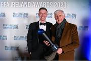 2 December 2023; PFA Ireland Men’s Player of the Year winner Chris Forrester of St Patrick's Athletic, left, with Harry McCue during the PFA Ireland Awards 2023 at Anantara The Marker Dublin Hotel in Dublin. Photo by Stephen McCarthy/Sportsfile