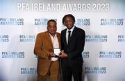 2 December 2023; PFA Ireland Men’s Premier Division Team of the Year 2023 medal recipient Jonathan Afolabi of Bohemians and his father Earl during the PFA Ireland Awards 2023 at Anantara The Marker Dublin Hotel in Dublin. Photo by Stephen McCarthy/Sportsfile