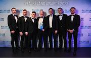 2 December 2023; Galway United manager John Caulfield, centre, with players, from left, David Hurley, Stephen Walsh, Edward McCarthy, Brendan Clarke, Killian Brouder and Rob Slevin, during the PFA Ireland Awards 2023 at Anantara The Marker Dublin Hotel in Dublin. Photo by Stephen McCarthy/Sportsfile