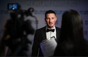 2 December 2023; PFA Ireland Men’s First Division Player of the Year winner Ronan Coughlan of Waterford is interviewed during the PFA Ireland Awards 2023 at Anantara The Marker Dublin Hotel in Dublin. Photo by Stephen McCarthy/Sportsfile