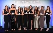 2 December 2023; PFA Ireland Women’s Premier Division Team of the Year award recipients, from left, Jess Gargan of Shamrock Rovers, Jessica Hennessy of Shamrock Rovers, Jetta Berrill of Peamount United, Sadhbh Doyle of Peamount United, Karen Duggan of Peamount United, Alex Kavanagh of Shelbourne, Madie Gibson of Athlone Town and Dana Scheriff of Athlone Town during the PFA Ireland Awards 2023 at Anantara The Marker Dublin Hotel in Dublin. Photo by Stephen McCarthy/Sportsfile