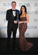 2 December 2023; PFA Ireland Men’s Player of the Year winner Chris Forrester of St Patrick's Athletic and Ciara O'Keeffe during the PFA Ireland Awards 2023 at Anantara The Marker Dublin Hotel in Dublin. Photo by Stephen McCarthy/Sportsfile