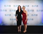 2 December 2023; Áine O'Gorman of Shamrock Rovers and PFA Ireland's Simone Flannery during the PFA Ireland Awards 2023 at Anantara The Marker Dublin Hotel in Dublin. Photo by Stephen McCarthy/Sportsfile