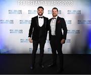 2 December 2023; Roberto Lopes, left, and Lee Steacy of Shamrock Rovers during the PFA Ireland Awards 2023 at Anantara The Marker Dublin Hotel in Dublin. Photo by Stephen McCarthy/Sportsfile