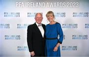 2 December 2023; FAI chair of the national leagues committee Dermot Aherne and wife Maeve during the PFA Ireland Awards 2023 at Anantara The Marker Dublin Hotel in Dublin. Photo by Stephen McCarthy/Sportsfile