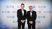 2 December 2023; PFA Ireland chairperson Brendan Clarke and Shay Weafer during the PFA Ireland Awards 2023 at Anantara The Marker Dublin Hotel in Dublin. Photo by Stephen McCarthy/Sportsfile