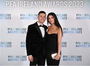 2 December 2023; PFA Ireland Men’s Premier Division Player of the Year nominee Ruairi Keating with Emily Luscombe during the PFA Ireland Awards 2023 at Anantara The Marker Dublin Hotel in Dublin. Photo by Stephen McCarthy/Sportsfile