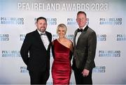 2 December 2023; PFA Ireland's John McGuinness, left, Simone Flannery and general secretary Stephen McGuinness, right, during the PFA Ireland Awards 2023 at Anantara The Marker Dublin Hotel in Dublin. Photo by Stephen McCarthy/Sportsfile