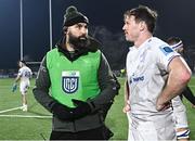 2 December 2023; Connacht defence coach Scott Fardy speaks with Ryan Baird of Leinster after the United Rugby Championship match between Connacht and Leinster at the Sportsground in Galway. Photo by Harry Murphy/Sportsfile