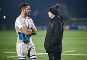 2 December 2023; Will Connors of Leinster speaks with Jack Carty of Connacht after the United Rugby Championship match between Connacht and Leinster at the Sportsground in Galway. Photo by Harry Murphy/Sportsfile