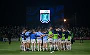 2 December 2023; Leinster players huddle before the United Rugby Championship match between Connacht and Leinster at the Sportsground in Galway. Photo by Harry Murphy/Sportsfile