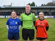 3 December 2023; Referee Paul McCaughey with captains Laura Kelly of Claremorris and Caitriona Toner of Lavey before the Currentaccount.ie All-Ireland Ladies Junior Club Championship semi-final match between Claremorris of Mayo and Lavey of Derry at Canon Gibbons Park, Claremorris, Mayo. Photo by Harry Murphy/Sportsfile