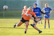 3 December 2023; Maeve Ryan of Ballymacarbry in action against Megan McCann of Clann Éireann during the Currentaccount.ie All-Ireland Ladies Senior Club Championship semi-final match between Clann Éireann of Armagh and Ballymacarbry of Waterford at Clann Éireann GAC, Armagh. Photo by Tyler Miller/Sportsfile