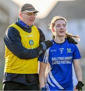 3 December 2023; Ballymacarbry manager Mike Guiry speaks to Bríd McMaugh of Ballymacarbry during the Currentaccount.ie All-Ireland Ladies Senior Club Championship semi-final match between Clann Éireann of Armagh and Ballymacarbry of Waterford at Clann Éireann GAC, Armagh. Photo by Tyler Miller/Sportsfile