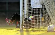 3 December 2023; St Brigid's goalkeeper Cormac Sheedy reacts after Liam Silke, not pictured, scored Corofin's first goal during the AIB Connacht GAA Football Senior Club Championship final between St Brigid's, Roscommon, and Corofin, Galway, at Dr Hyde Park in Roscommon. Photo by Piaras Ó Mídheach/Sportsfile