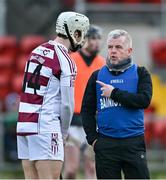 3 December 2023; Slaughtneil manager Michael McShane in conversation with Cormac O'Doherty of Slaughtneil before the AIB Ulster GAA Hurling Senior Club Championship final match between Ruairi Óg, Antrim, and Slaughtneil, Derry, at Páirc Esler in Newry, Down. Photo by Ben McShane/Sportsfile