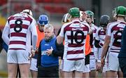 3 December 2023; Slaughtneil manager Michael McShane speaks to his players before the AIB Ulster GAA Hurling Senior Club Championship final match between Ruairi Óg, Antrim, and Slaughtneil, Derry, at Páirc Esler in Newry, Down. Photo by Ben McShane/Sportsfile
