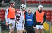 3 December 2023; Slaughtneil manager Michael McShane in conversation with Cormac O'Doherty of Slaughtneil before the AIB Ulster GAA Hurling Senior Club Championship final match between Ruairi Óg, Antrim, and Slaughtneil, Derry, at Páirc Esler in Newry, Down. Photo by Ben McShane/Sportsfile