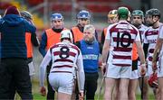 3 December 2023; Slaughtneil manager Michael McShane speaks to his players before the AIB Ulster GAA Hurling Senior Club Championship final match between Ruairi Óg, Antrim, and Slaughtneil, Derry, at Páirc Esler in Newry, Down. Photo by Ben McShane/Sportsfile