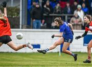 3 December 2023; Bree Hession of Claremorris shoots to score her side's fourth goal during the Currentaccount.ie All-Ireland Ladies Junior Club Championship semi-final match between Claremorris of Mayo and Lavey of Derry at Canon Gibbons Park, Claremorris, Mayo. Photo by Harry Murphy/Sportsfile