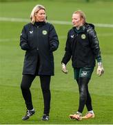 3 December 2023; Interim assistant coach Emma Byrne and goalkeeper Courtney Brosnan during a Republic of Ireland women training session at the FAI National Training Centre in Abbotstown, Dublin. Photo by Stephen McCarthy/Sportsfile