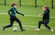 3 December 2023; Sinead Farrelly and Courtney Brosnan, right, during a Republic of Ireland women training session at the FAI National Training Centre in Abbotstown, Dublin. Photo by Stephen McCarthy/Sportsfile