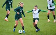 3 December 2023; Jessie Stapleton and Abbie Larkin, right, during a Republic of Ireland women training session at the FAI National Training Centre in Abbotstown, Dublin. Photo by Stephen McCarthy/Sportsfile