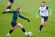 3 December 2023; Freya Healy and Abbie Larkin, right, during a Republic of Ireland women training session at the FAI National Training Centre in Abbotstown, Dublin. Photo by Stephen McCarthy/Sportsfile