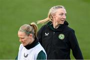 3 December 2023; Louise Quinn, right, and Diane Caldwell during a Republic of Ireland women training session at the FAI National Training Centre in Abbotstown, Dublin. Photo by Stephen McCarthy/Sportsfile