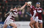 3 December 2023; Eamon Cassidy of Slaughtneil celebrates after scoring his side's first goal during the AIB Ulster GAA Hurling Senior Club Championship final match between Ruairi Óg, Antrim, and Slaughtneil, Derry, at Páirc Esler in Newry, Down. Photo by Ben McShane/Sportsfile