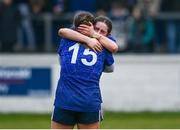 3 December 2023; Laura Kelly, 15, and Nina Wallace of Claremorris after their side's victory in the Currentaccount.ie All-Ireland Ladies Junior Club Championship semi-final match between Claremorris of Mayo and Lavey of Derry at Canon Gibbons Park, Claremorris, Mayo. Photo by Harry Murphy/Sportsfile